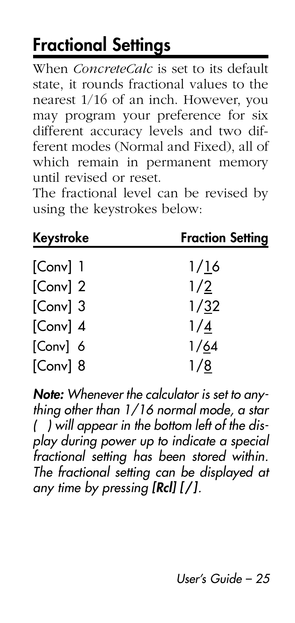 Fractional settings | Calculated Industries 4215 User Manual | Page 25 / 64