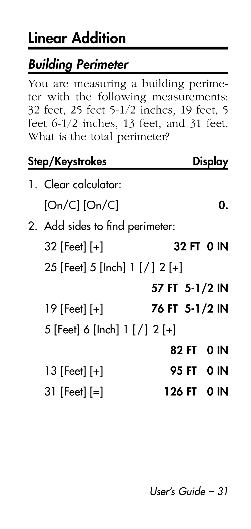 Linear addition | Calculated Industries 4215 User Manual | Page 31 / 64