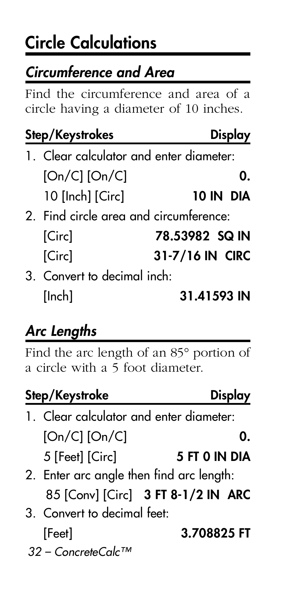Circle calculations | Calculated Industries 4215 User Manual | Page 32 / 64