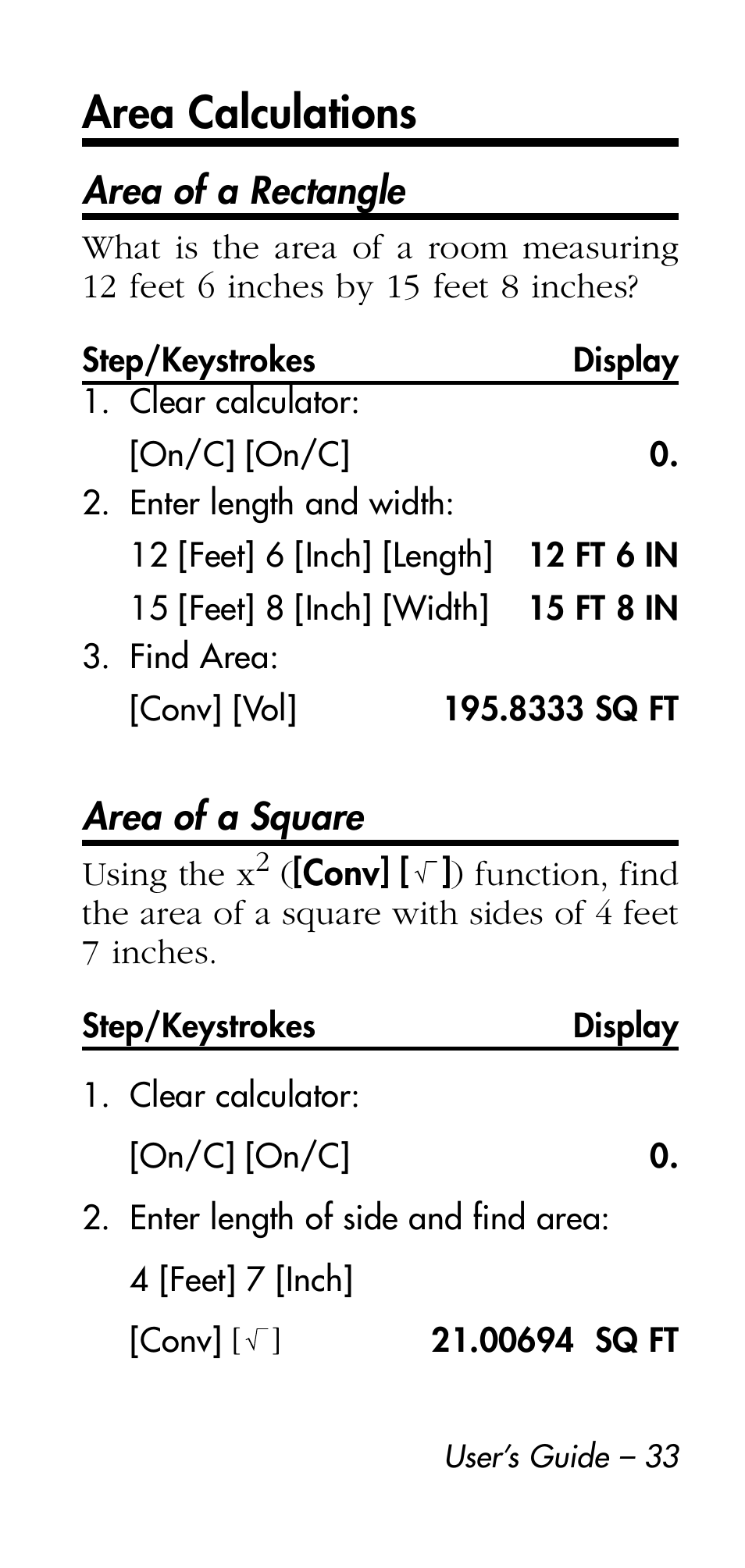 Area calculations | Calculated Industries 4215 User Manual | Page 33 / 64