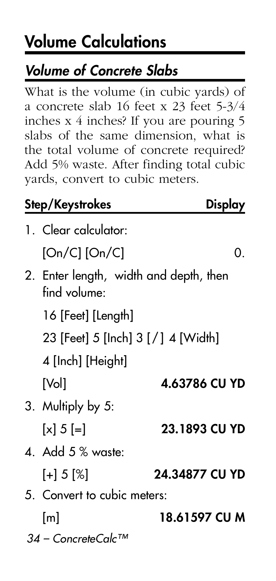 Volume calculations | Calculated Industries 4215 User Manual | Page 34 / 64