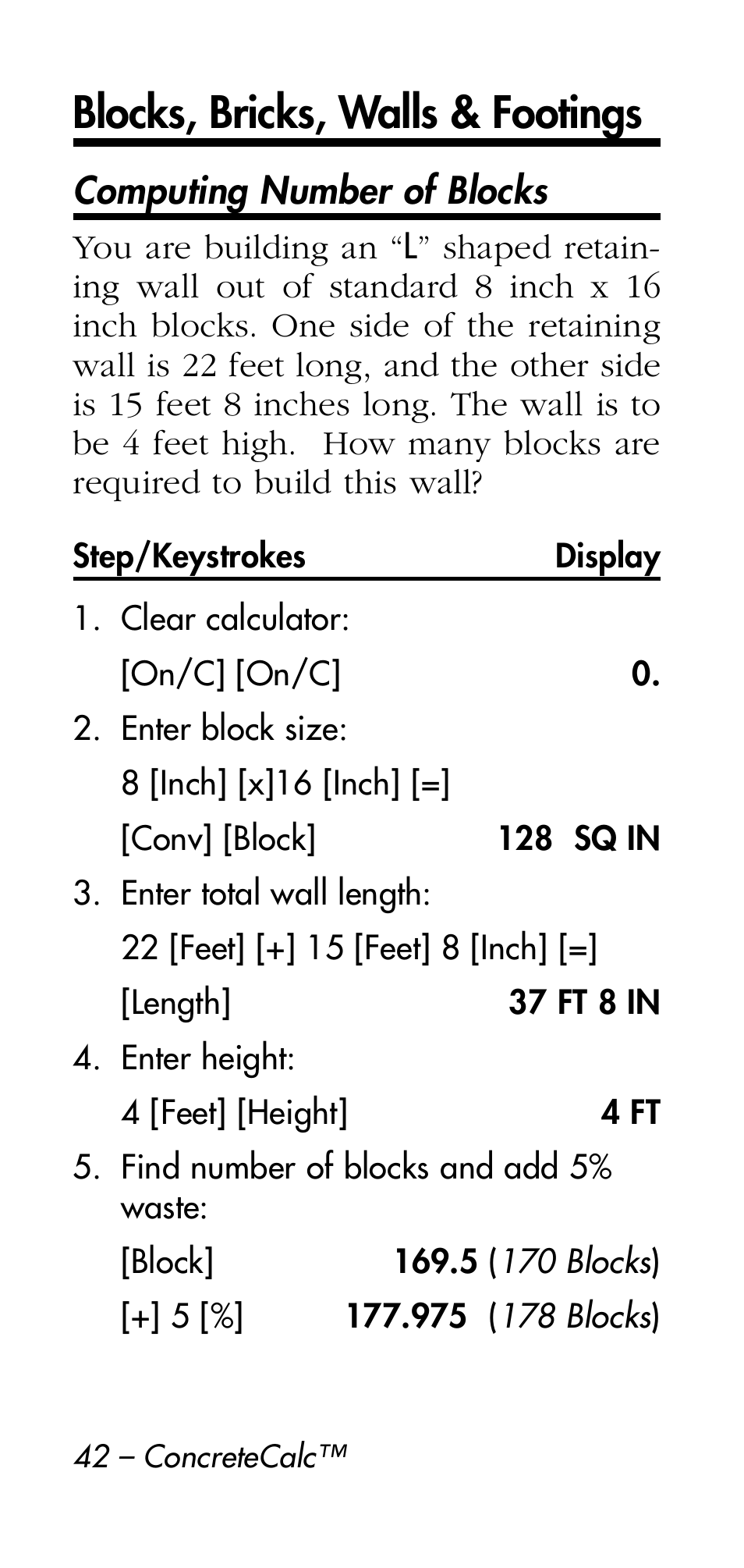 Blocks, bricks, walls & footings | Calculated Industries 4215 User Manual | Page 42 / 64
