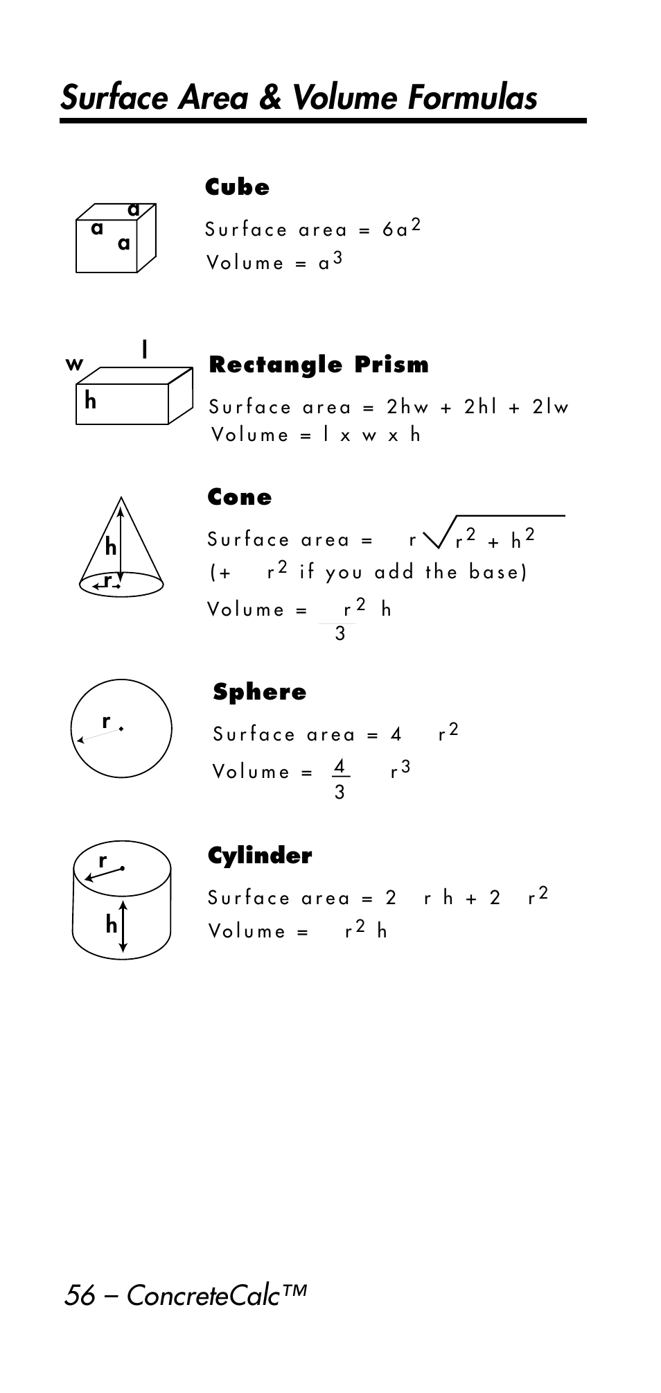 Surface area & volume formulas, 56 – concretecalc | Calculated Industries 4215 User Manual | Page 56 / 64