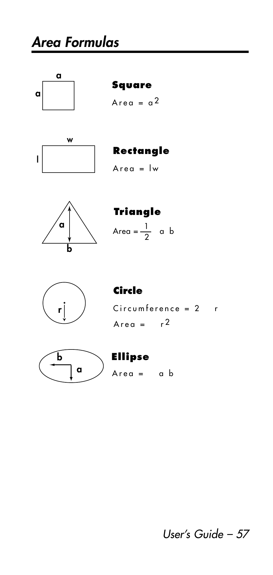 Area formulas, User’s guide – 57 | Calculated Industries 4215 User Manual | Page 57 / 64