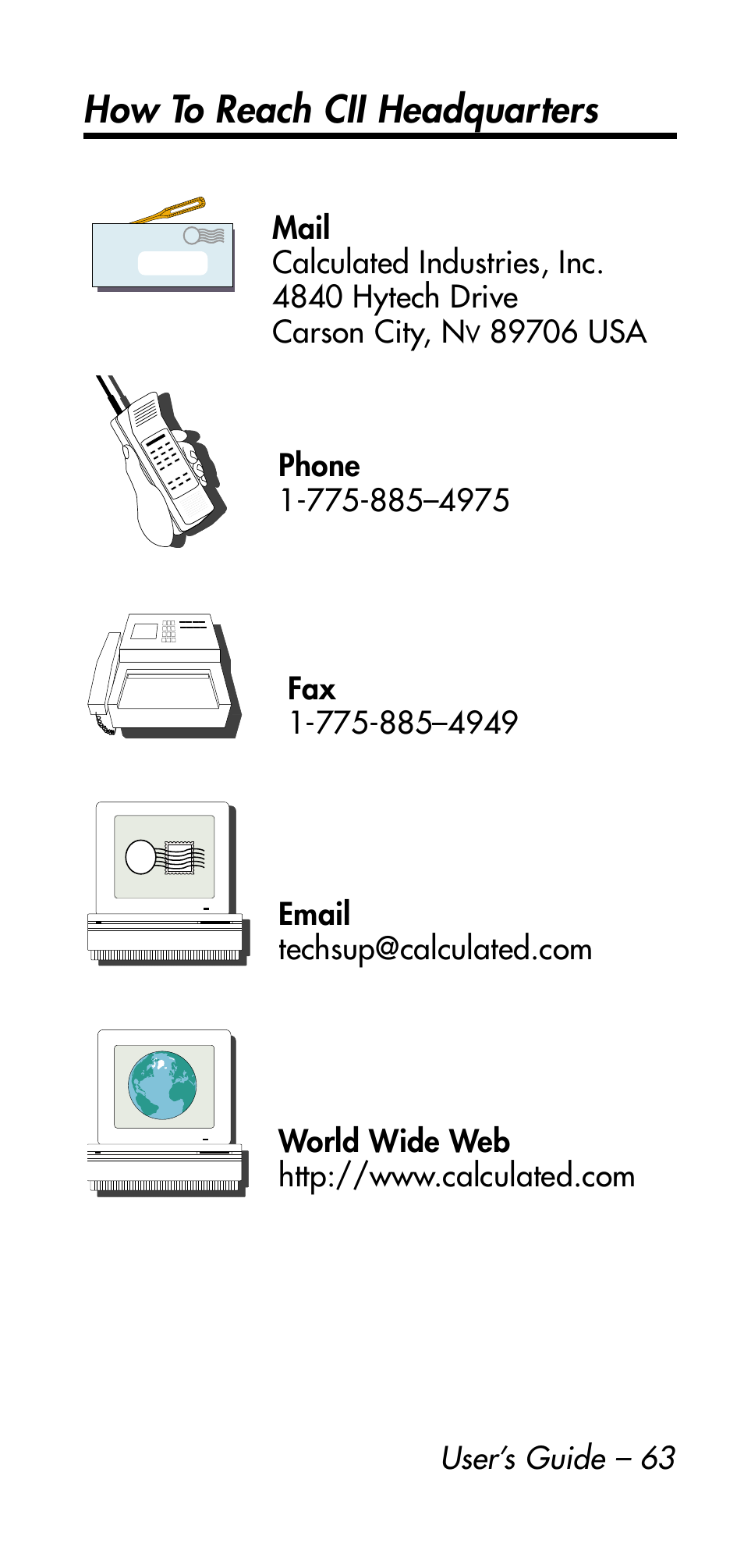 How to reach cii headquarters | Calculated Industries 4215 User Manual | Page 63 / 64