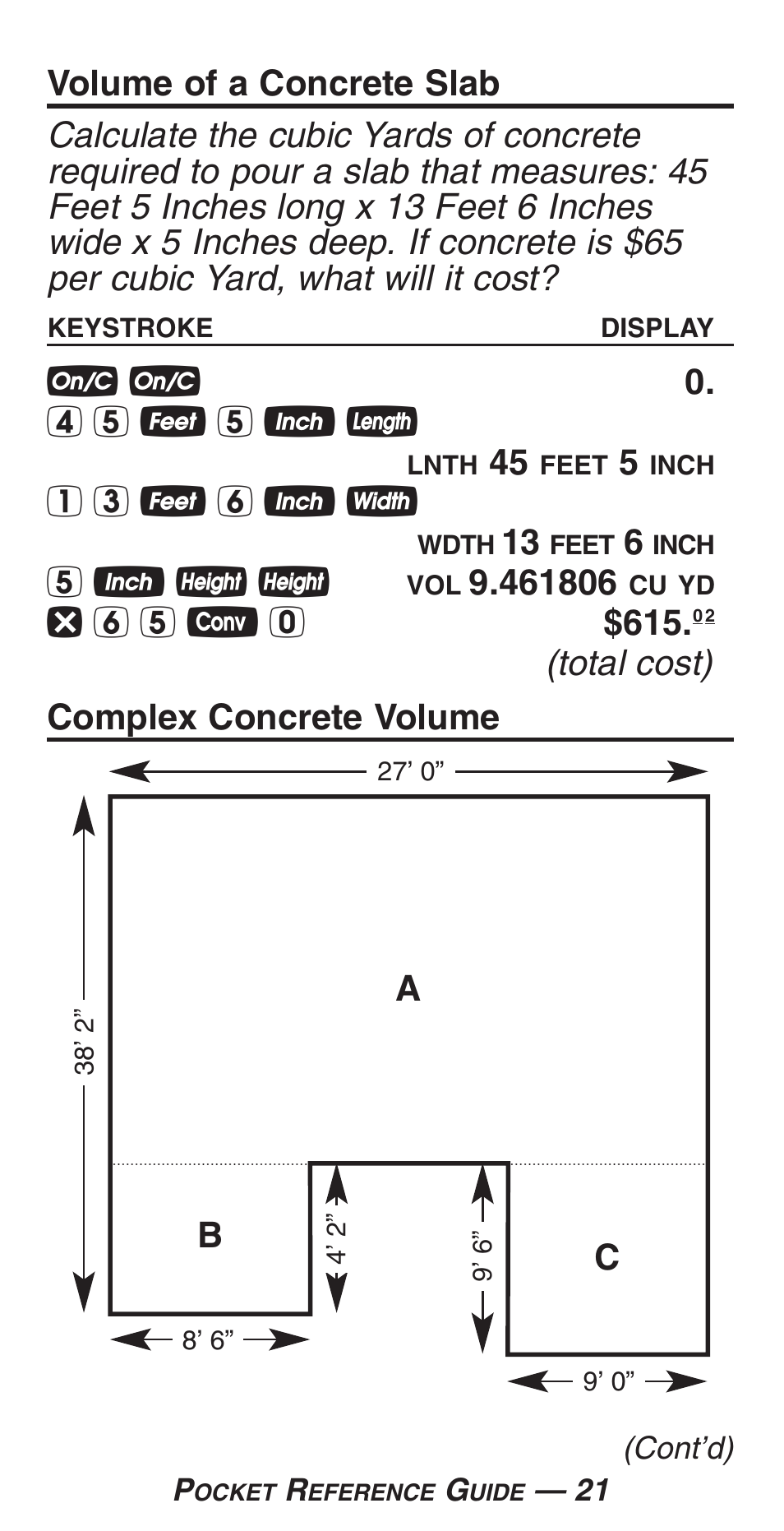 O o 0. 4 5 f 5 i l, 1 3 f 6 i w, 5 i h h | Total cost) complex concrete volume, Ab c | Calculated Industries 4225-C User Manual | Page 24 / 52