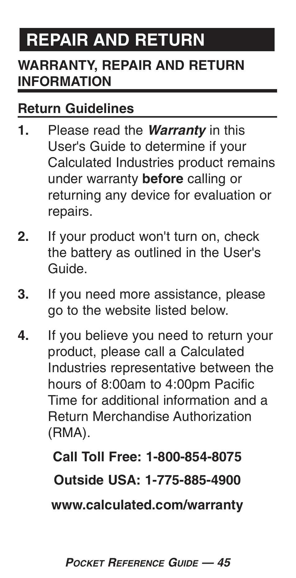 Repair and return | Calculated Industries 4225-C User Manual | Page 48 / 52