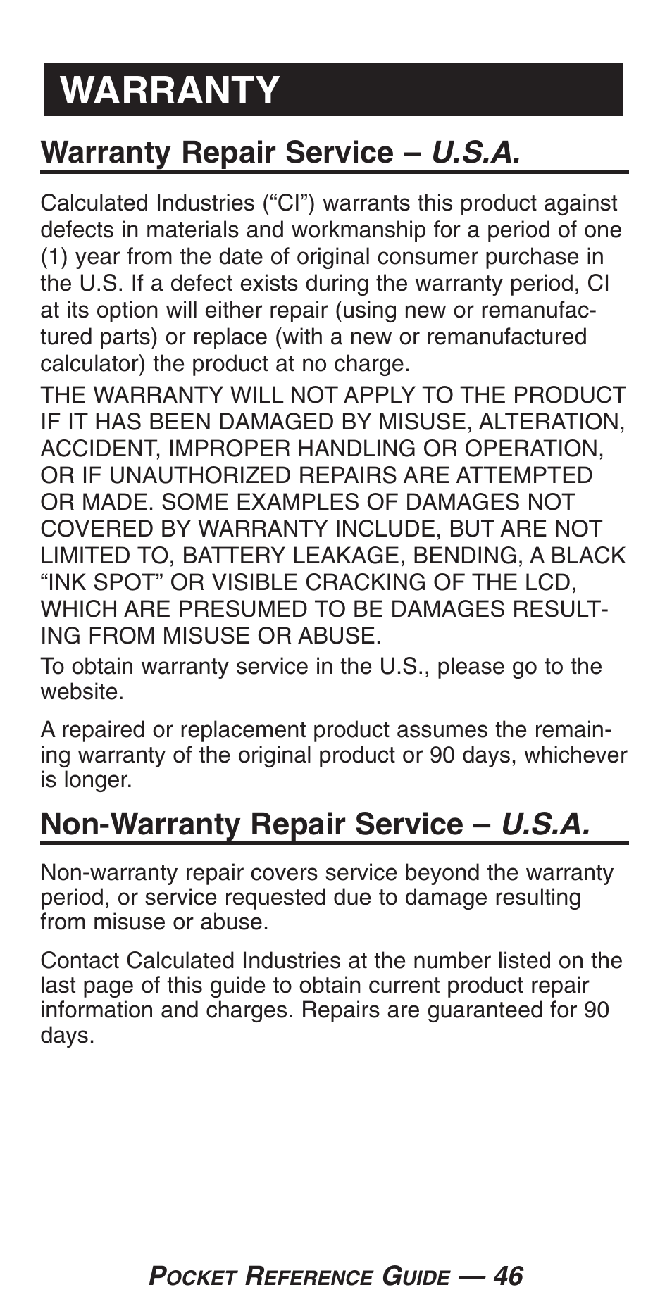 Warranty, Warranty repair service – u.s.a, Non-warranty repair service – u.s.a | Calculated Industries 4225-C User Manual | Page 49 / 52