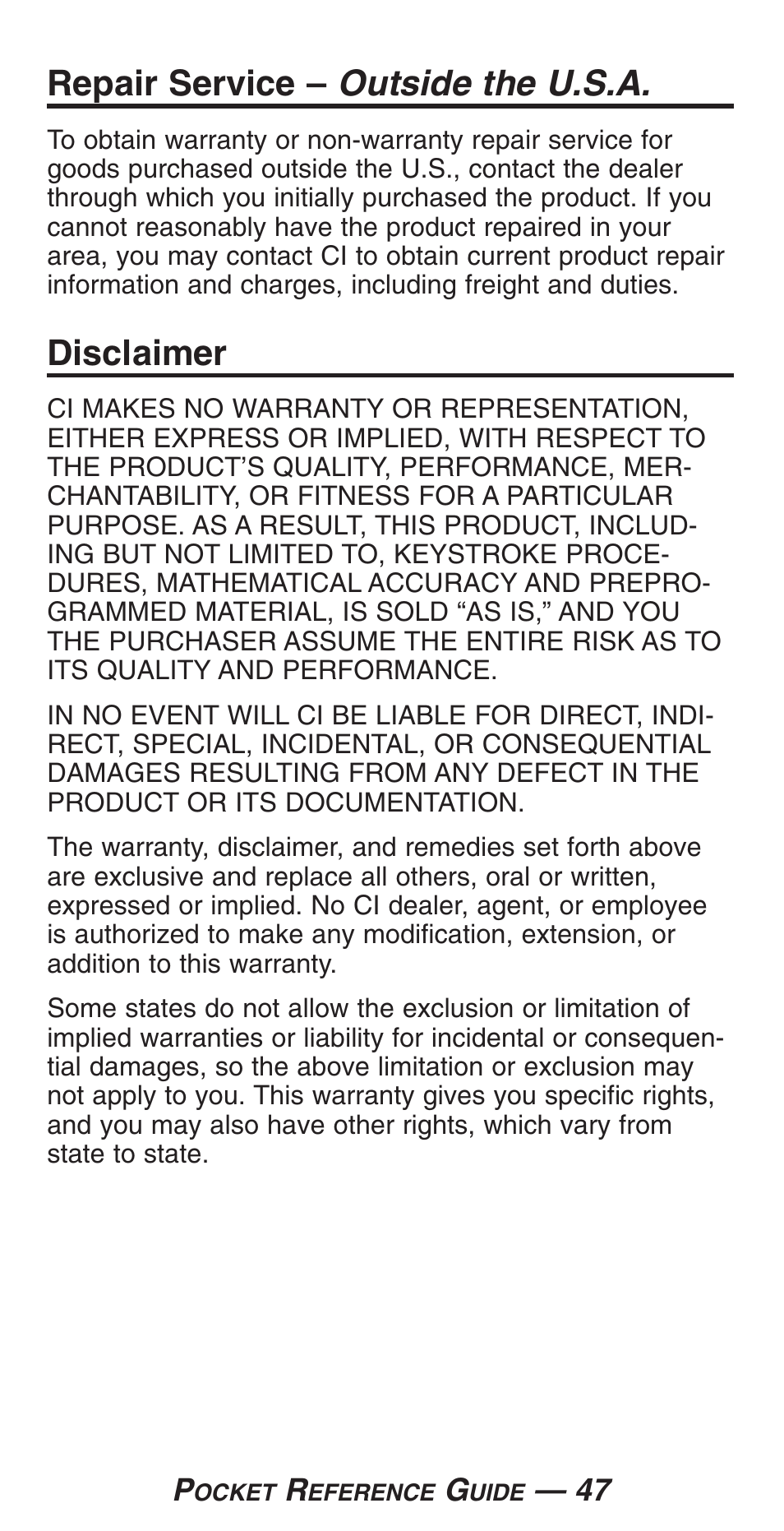 Repair service – outside the u.s.a, Disclaimer | Calculated Industries 4225-C User Manual | Page 50 / 52