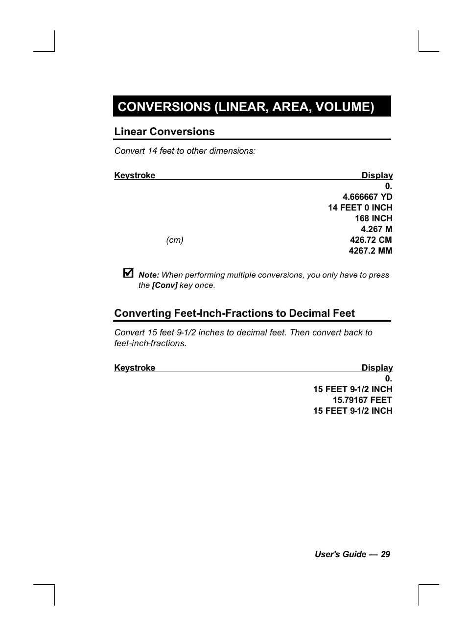 Conversions (linear, area, volume), Linear conversions, Converting feet-inch-fractions to decimal feet | Calculated Industries 44060 User Manual | Page 31 / 134