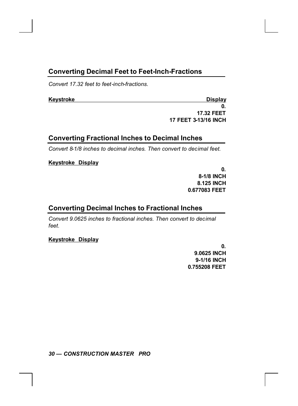 Converting decimal feet to feet-inch-fractions, Converting fractional inches to decimal inches, Converting decimal inches to fractional inches | Calculated Industries 44060 User Manual | Page 32 / 134