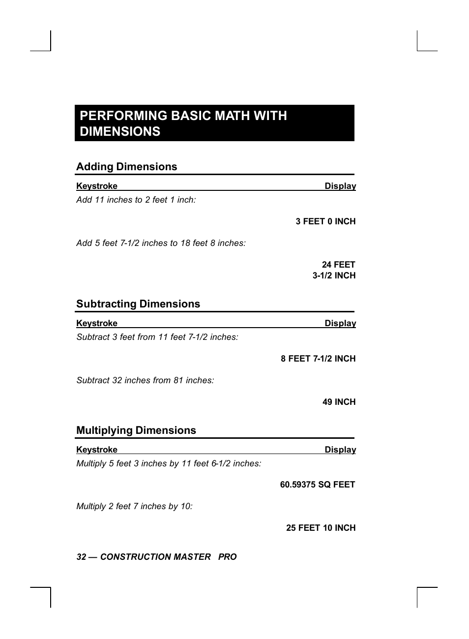 Performing basic math with dimensions, Adding dimensions, Subtracting dimensions | Multiplying dimensions | Calculated Industries 44060 User Manual | Page 34 / 134