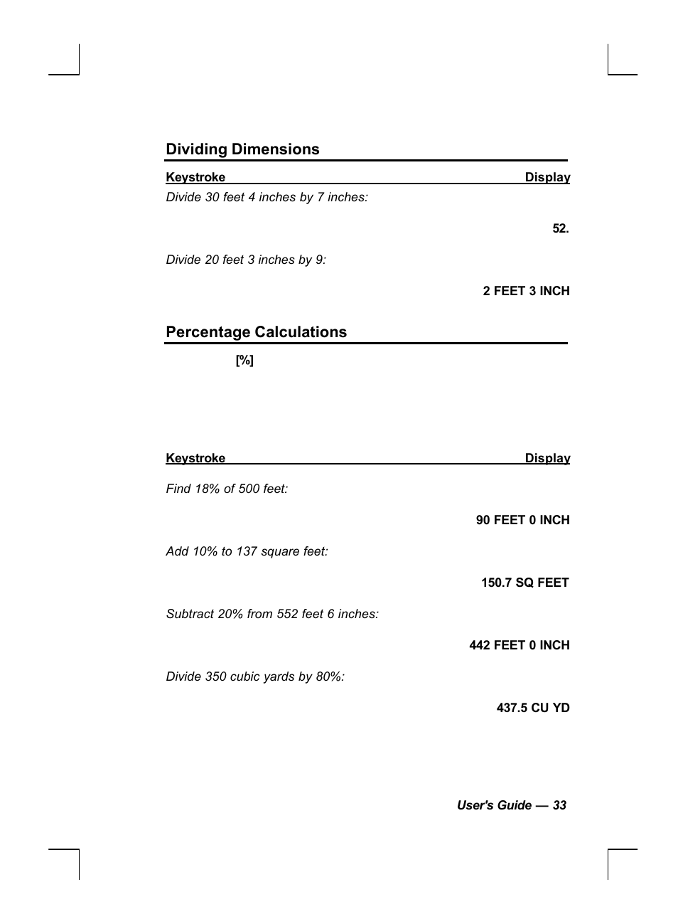 Dividing dimensions, Percentage calculations | Calculated Industries 44060 User Manual | Page 35 / 134