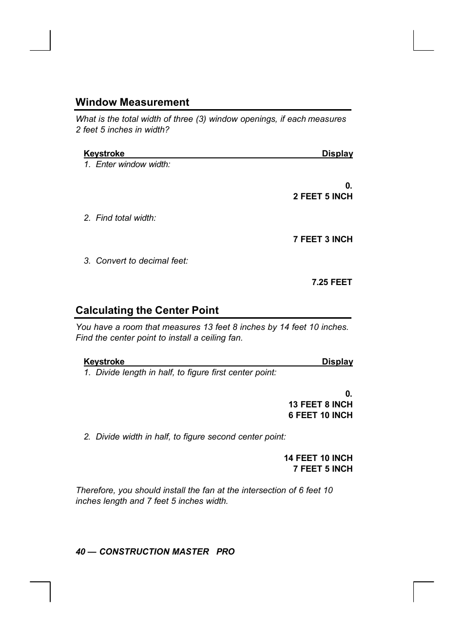 Window measurement, Calculating the center point | Calculated Industries 44060 User Manual | Page 42 / 134