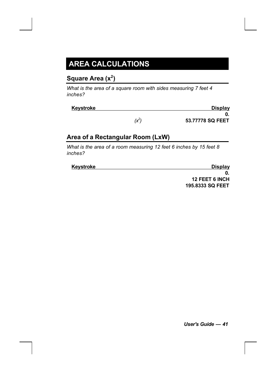 Area calculations, Square area (x, Area of a rectangular room (lxw) | Calculated Industries 44060 User Manual | Page 43 / 134