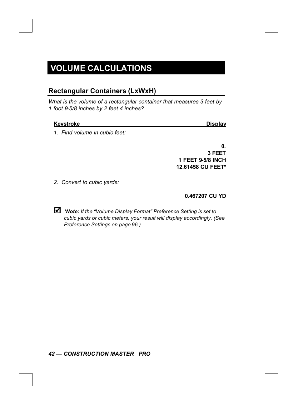 Volume calculations, Rectangular containers (lxwxh) | Calculated Industries 44060 User Manual | Page 44 / 134