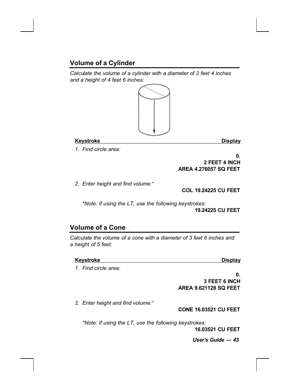 Volume of a cylinder, Volume of a cone | Calculated Industries 44060 User Manual | Page 45 / 134