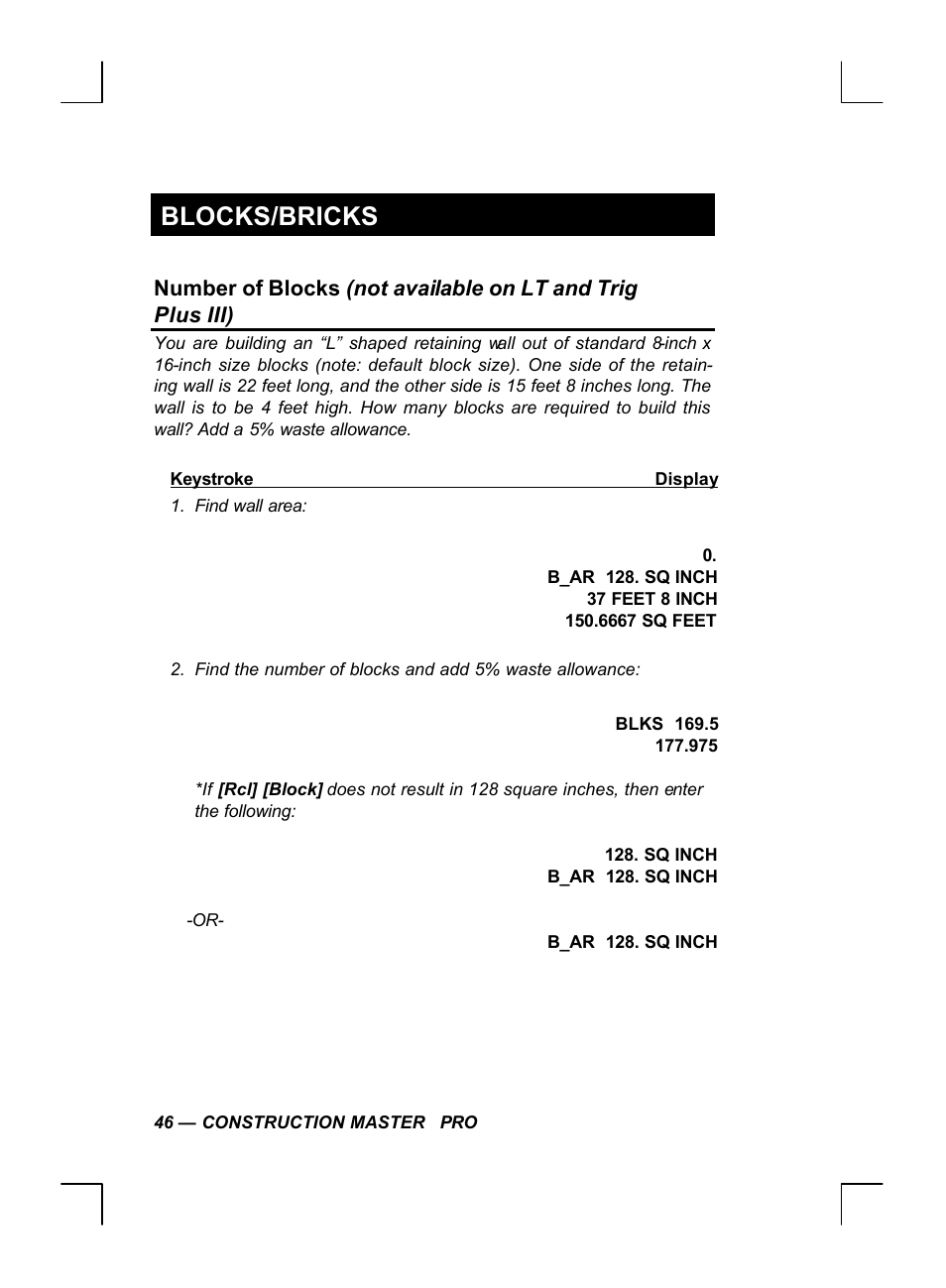 Blocks/bricks | Calculated Industries 44060 User Manual | Page 48 / 134