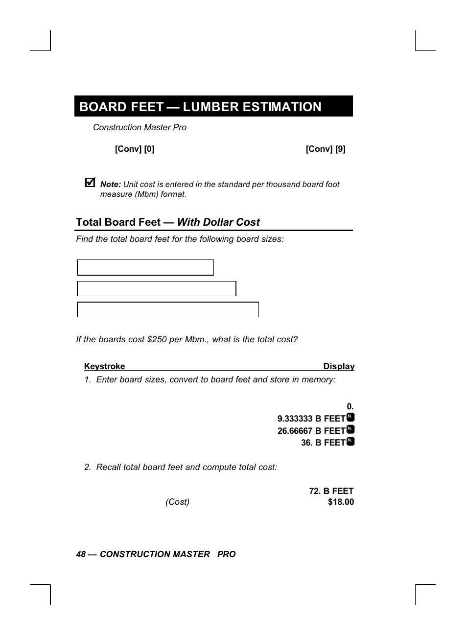 Board feet — lumber estimation, Total board feet — with dollar cost | Calculated Industries 44060 User Manual | Page 50 / 134
