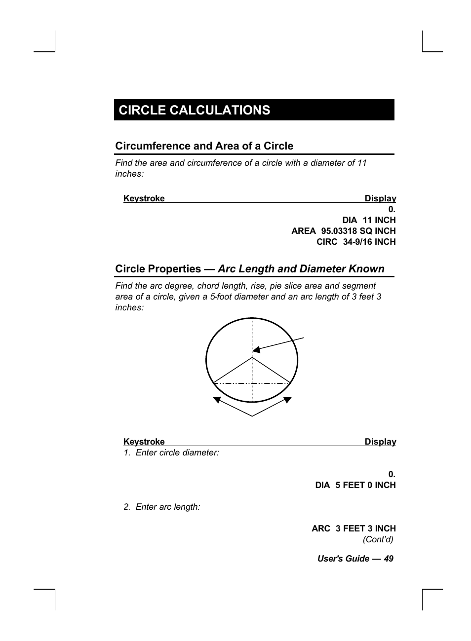 Circle calculations, Circumference and area of a circle, Circle properties — arc length and diameter known | Calculated Industries 44060 User Manual | Page 51 / 134