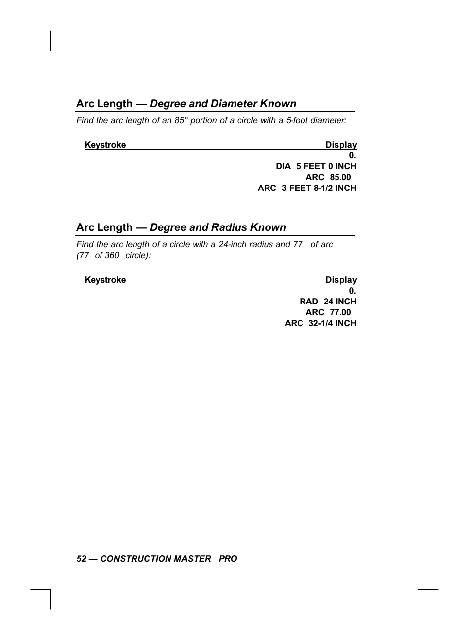 Arc length — degree and diameter known, Arc length — degree and radius known | Calculated Industries 44060 User Manual | Page 54 / 134