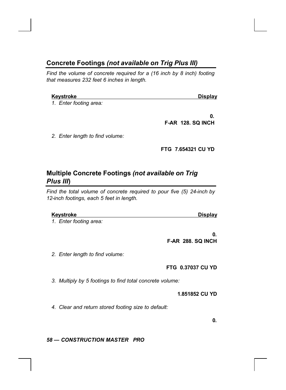 Concrete footings (not available on trig plus iii) | Calculated Industries 44060 User Manual | Page 60 / 134