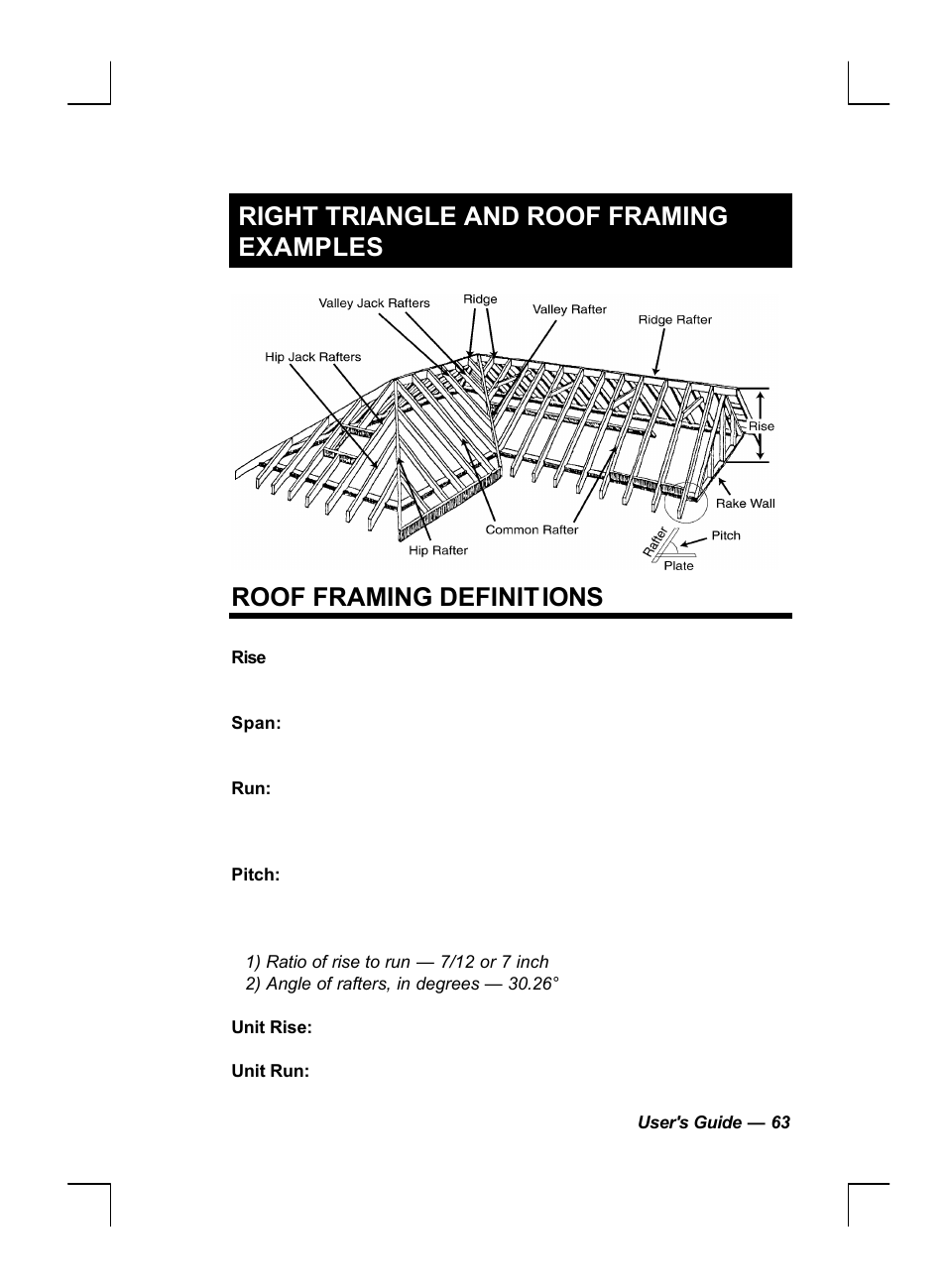 Right triangle and roof framing examples, Roof framing definitions | Calculated Industries 44060 User Manual | Page 65 / 134