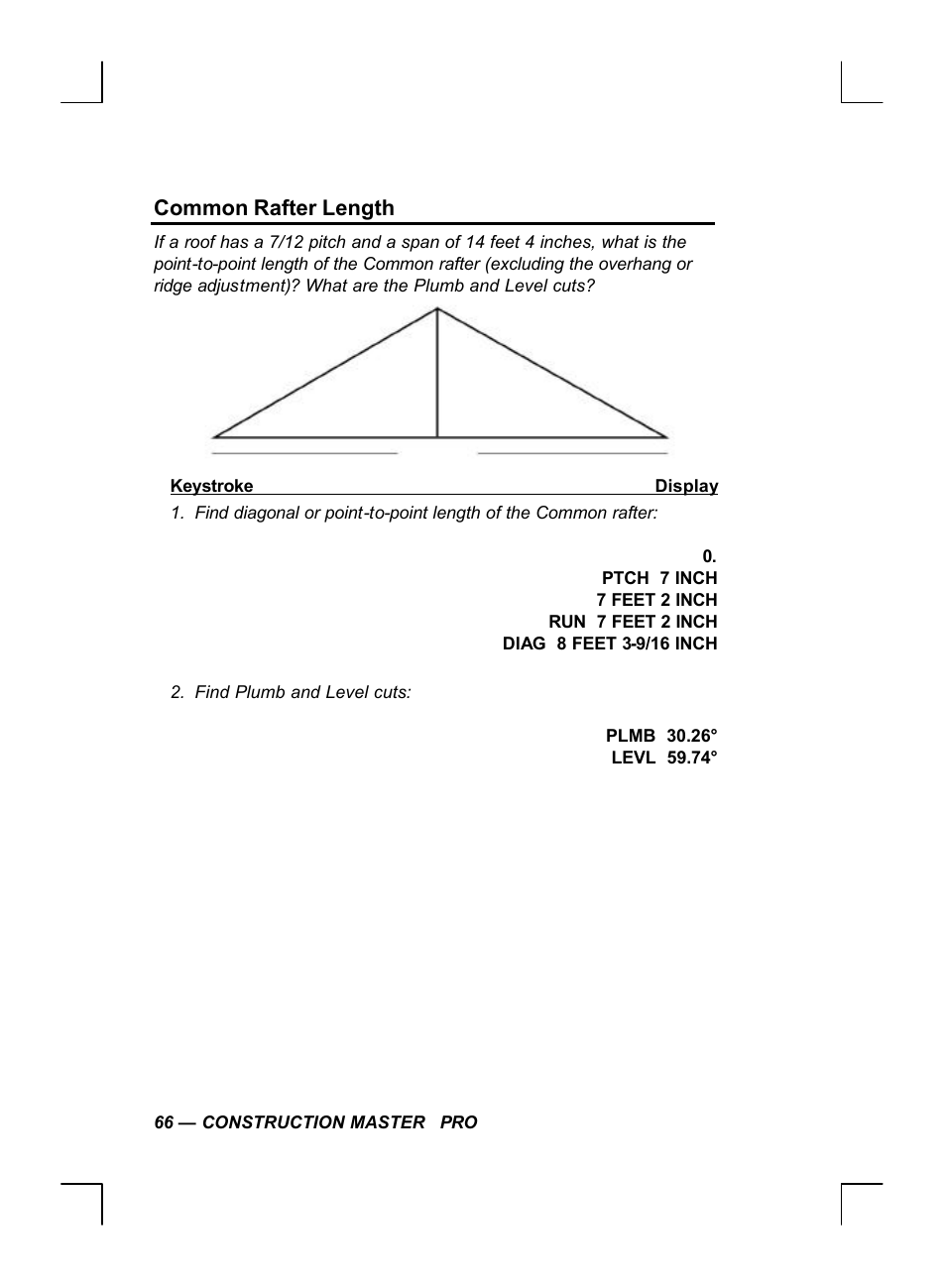 Common rafter length, 7/12 pitch | Calculated Industries 44060 User Manual | Page 68 / 134