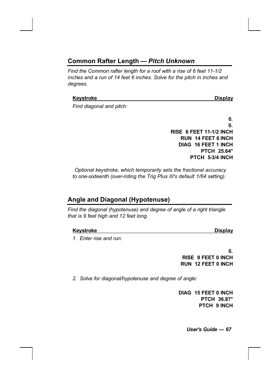 Common rafter length — pitch unknown, Angle and diagonal (hypotenuse) | Calculated Industries 44060 User Manual | Page 69 / 134