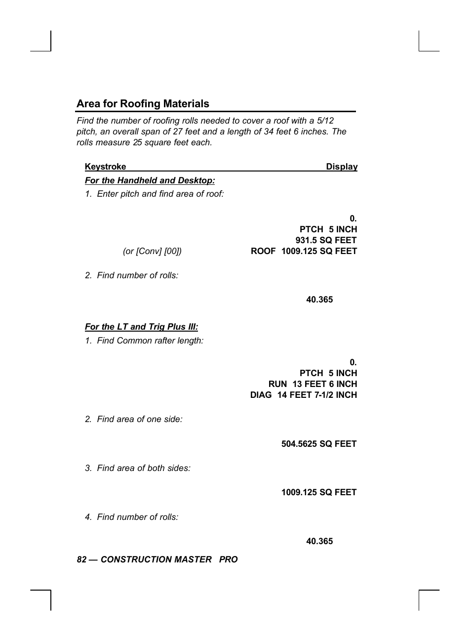 Area for roofing materials | Calculated Industries 44060 User Manual | Page 84 / 134