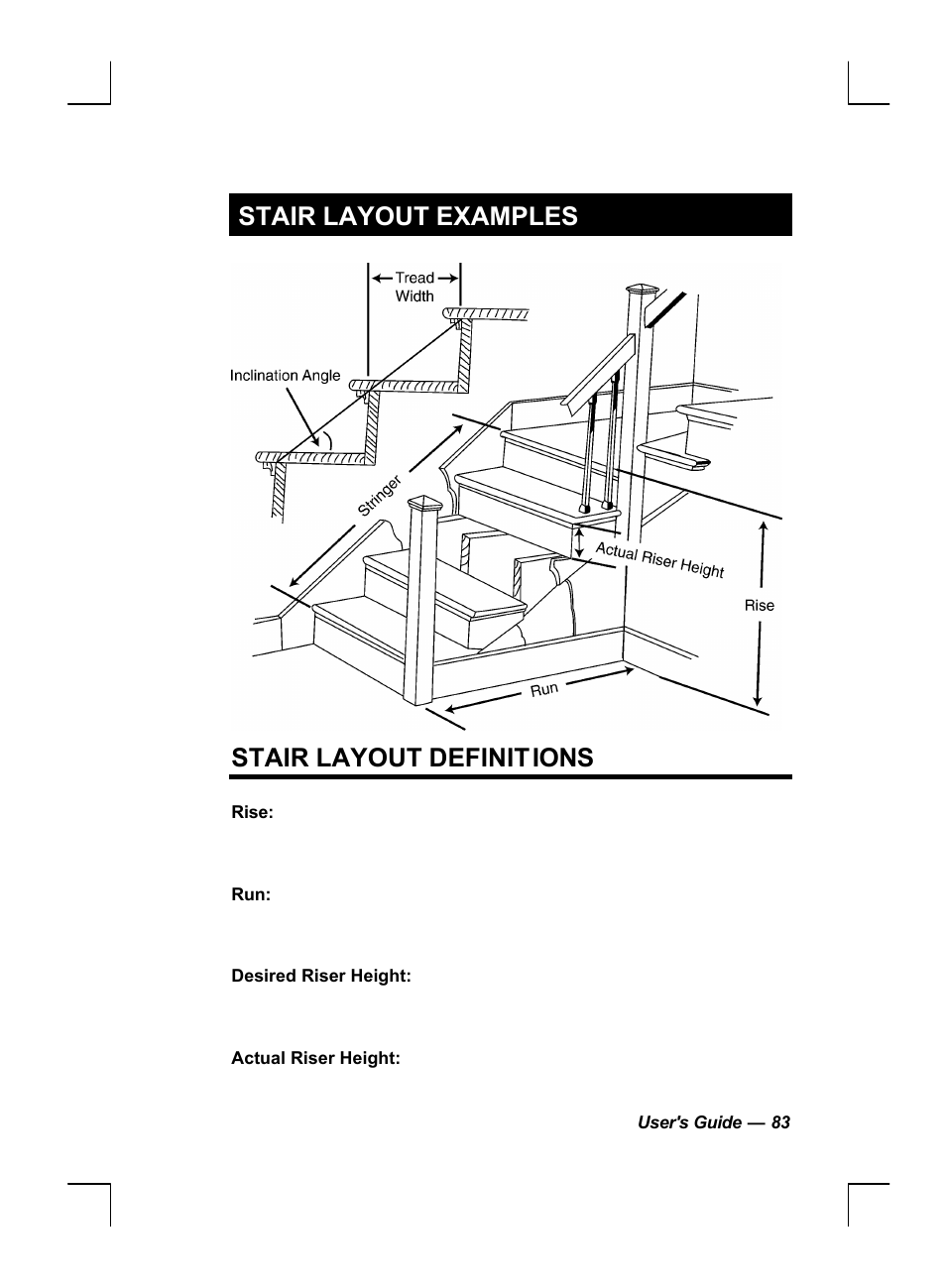 Stair layout examples, Stair layout definitions | Calculated Industries 44060 User Manual | Page 85 / 134