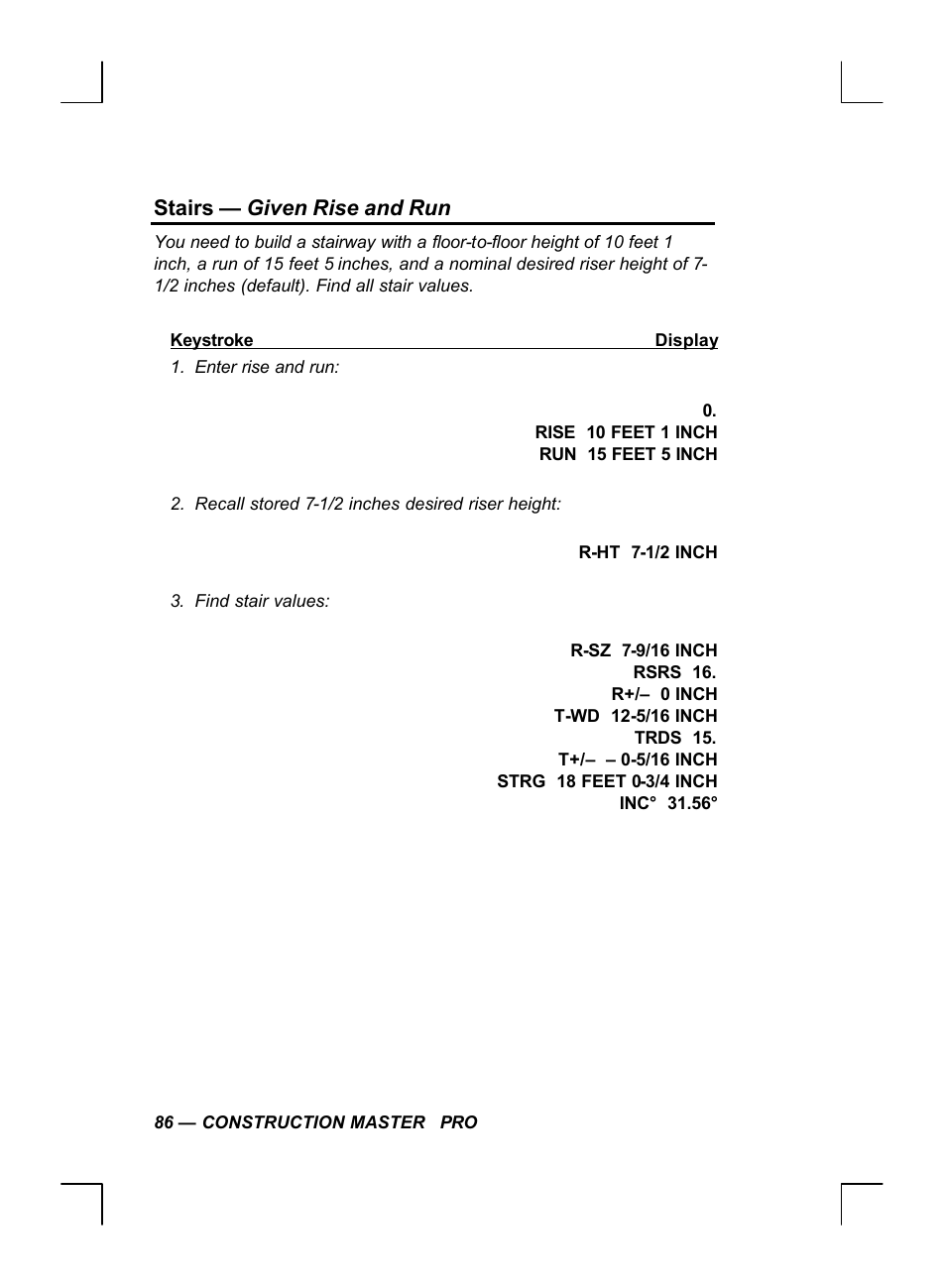 Stairs — given rise and run | Calculated Industries 44060 User Manual | Page 88 / 134