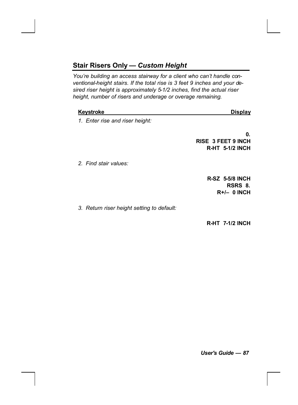 Stair risers only — custom height | Calculated Industries 44060 User Manual | Page 89 / 134