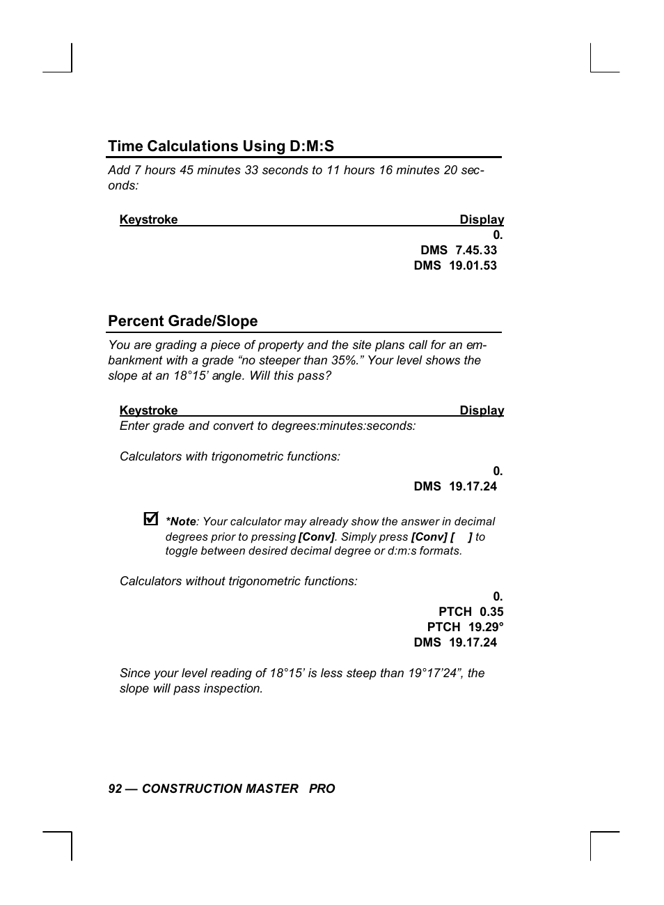 Time calculations using d:m:s, Percent grade/slope | Calculated Industries 44060 User Manual | Page 94 / 134