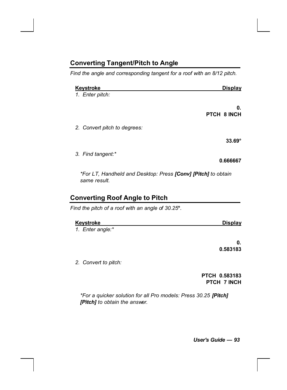 Converting tangent/pitch to angle, Converting roof angle to pitch | Calculated Industries 44060 User Manual | Page 95 / 134