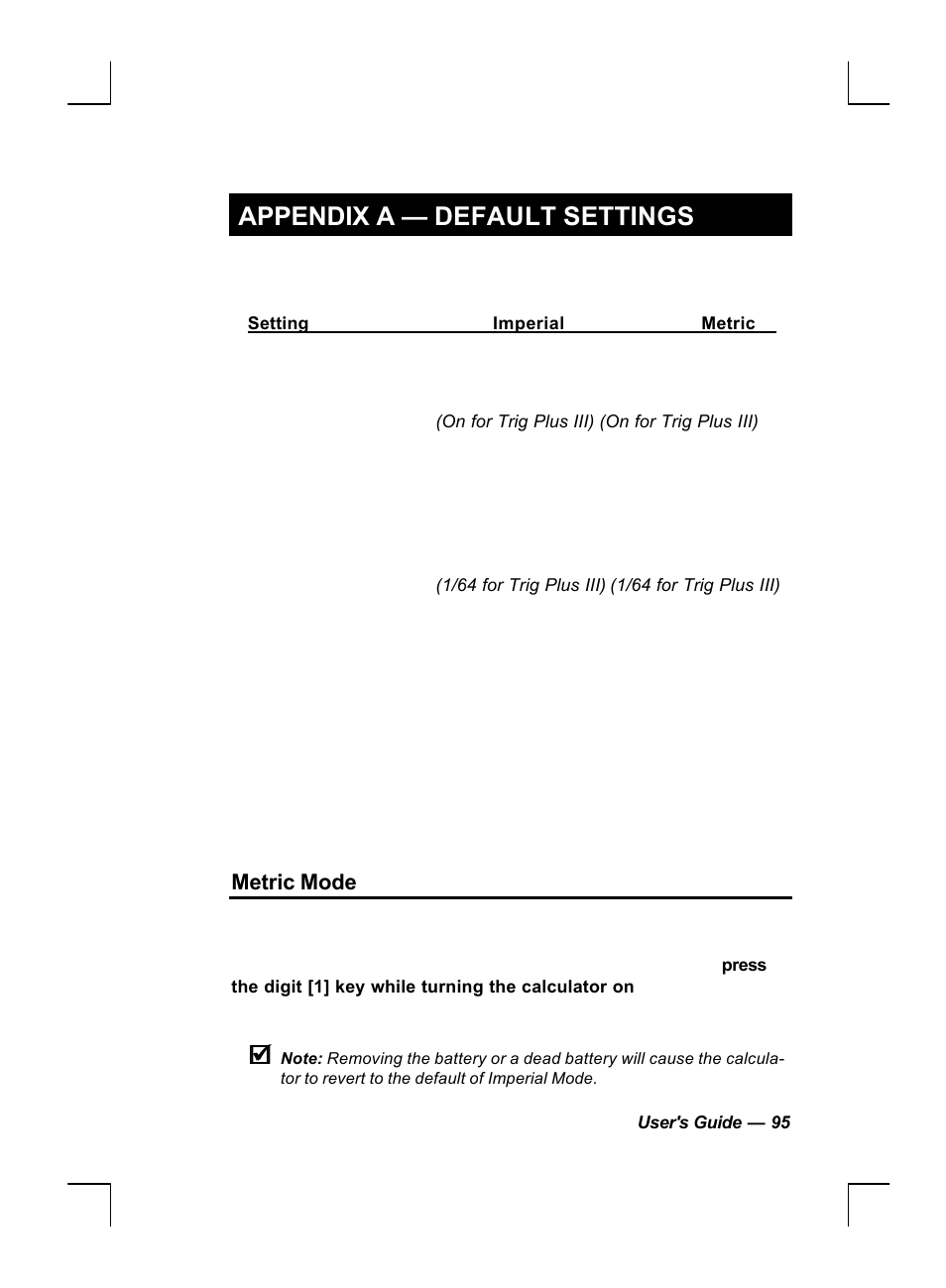 Appendix a — default settings, Metric mode | Calculated Industries 44060 User Manual | Page 97 / 134