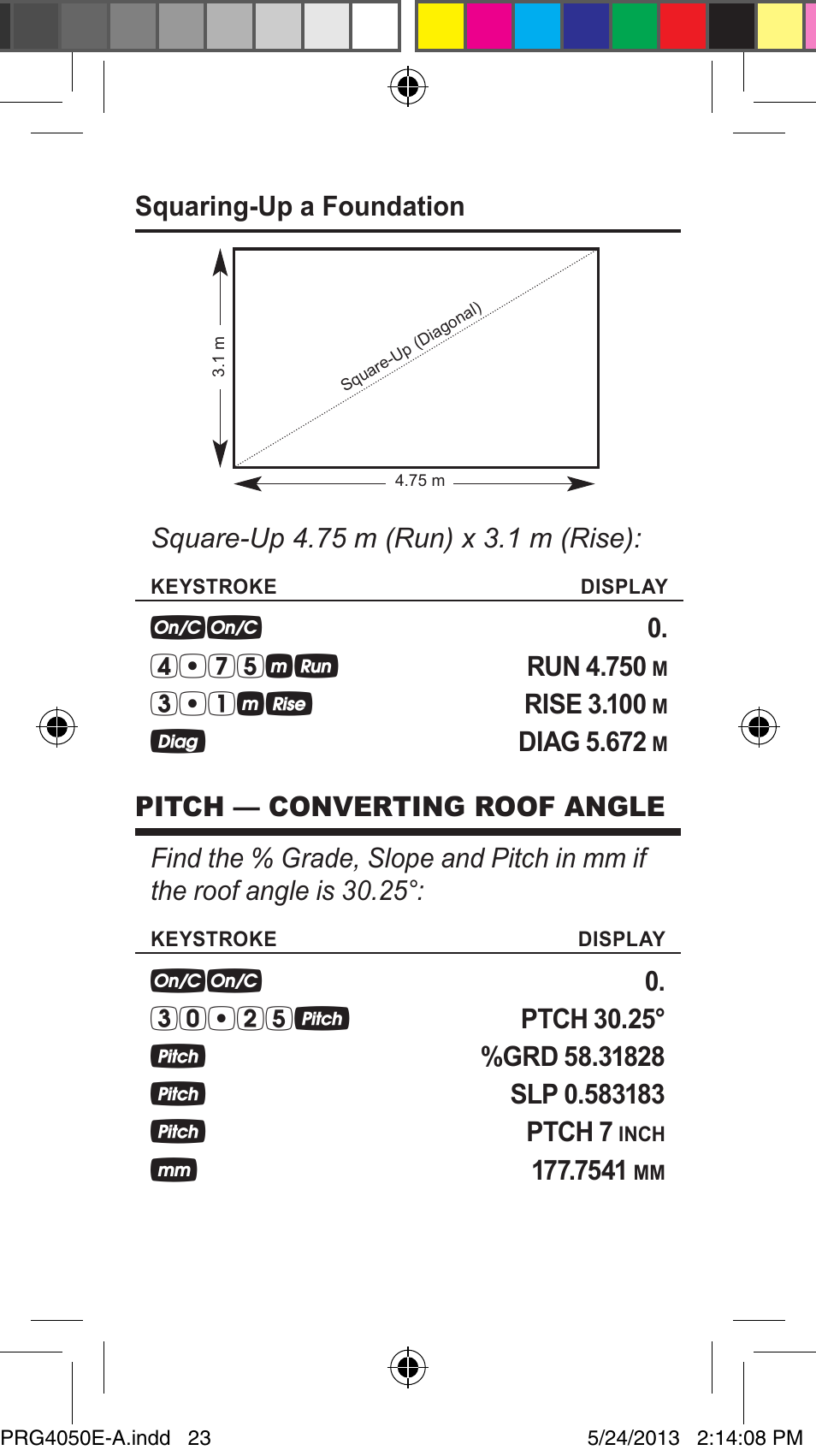 Squaring-up a foundation, Ddiag 5.672 | Calculated Industries 4050 Metric Edition User Manual | Page 26 / 44