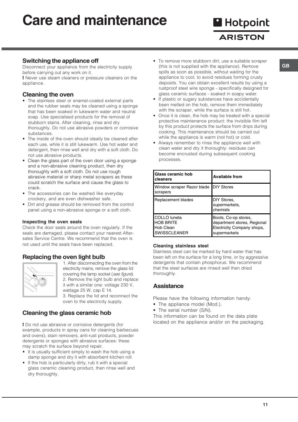 Care and maintenance, Switching the appliance off, Cleaning the oven | Replacing the oven light bulb, Cleaning the glass ceramic hob, Assistance | Hotpoint Ariston C 3 VM5 R/HA User Manual | Page 11 / 36