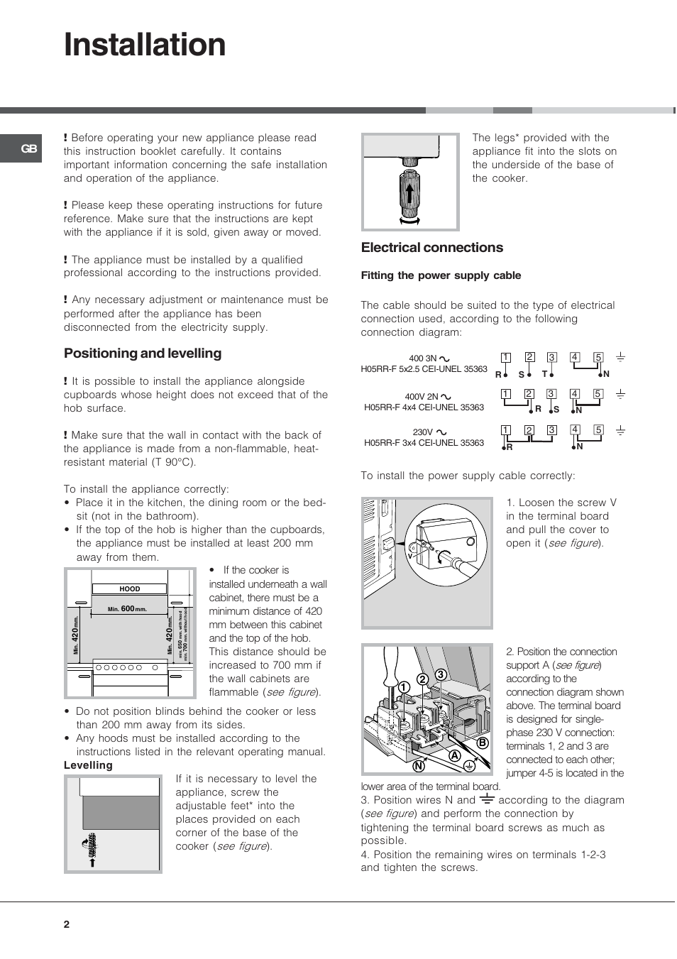 Installation, Positioning and levelling, Electrical connections | Hotpoint Ariston C 3 VM5 R/HA User Manual | Page 2 / 36