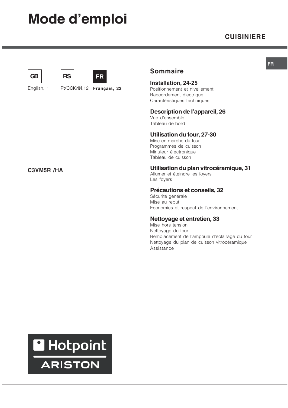 Mode demploi, Cuisiniere, Sommaire | Hotpoint Ariston C 3 VM5 R/HA User Manual | Page 23 / 36