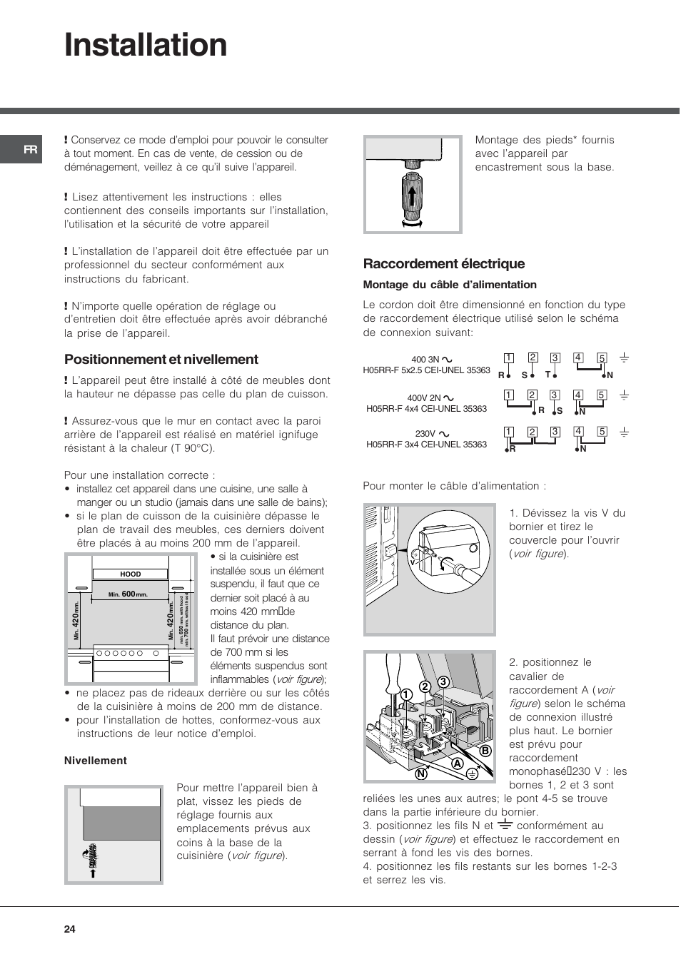 Installation, Positionnement et nivellement, Raccordement électrique | Hotpoint Ariston C 3 VM5 R/HA User Manual | Page 24 / 36