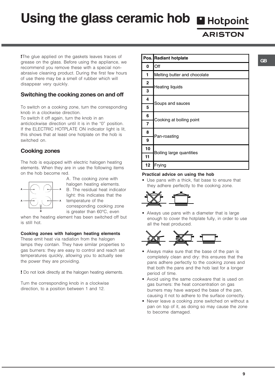 Using the glass ceramic hob, Switching the cooking zones on and off, Cooking zones | Hotpoint Ariston C 3 VM5 R/HA User Manual | Page 9 / 36