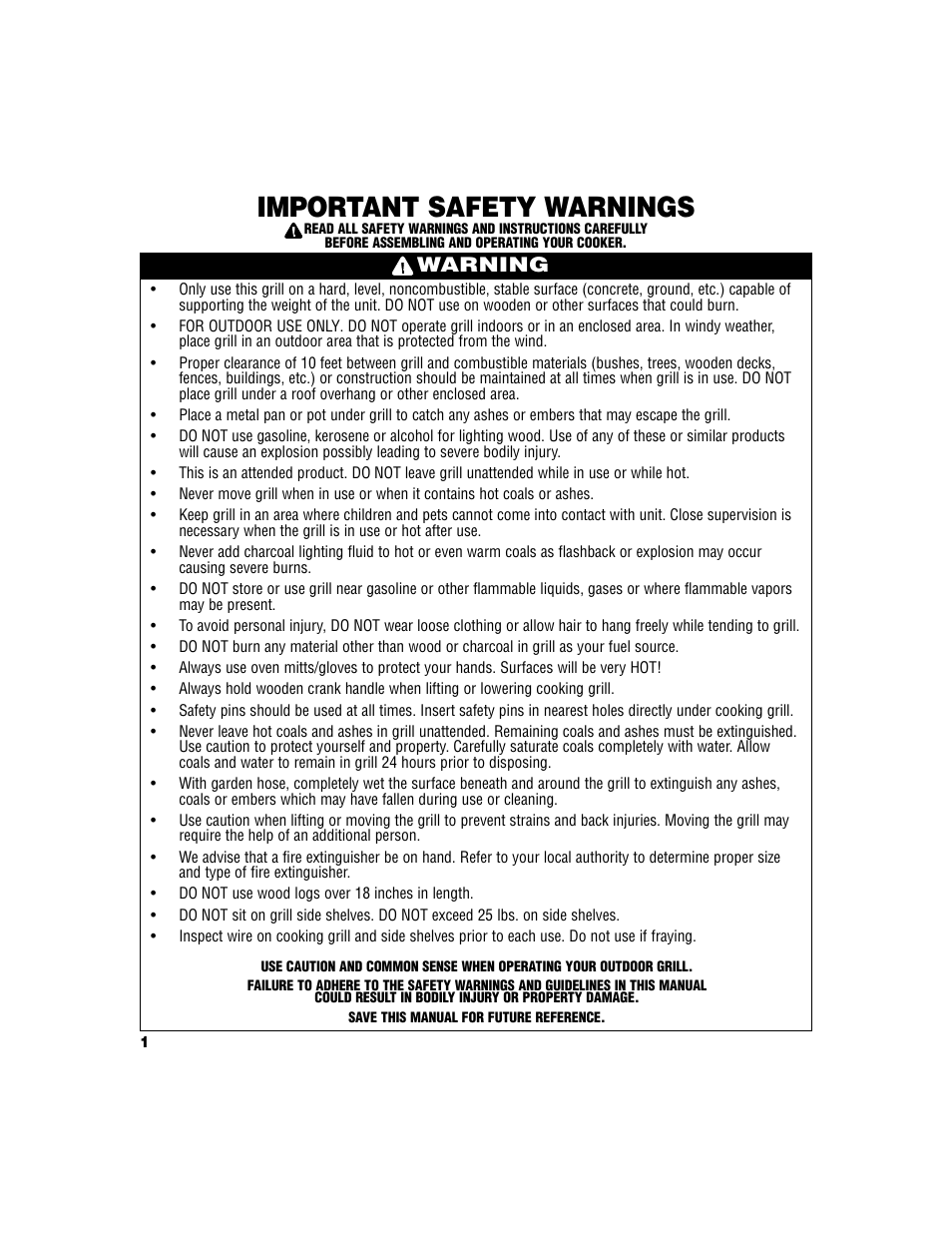 Important safety warnings, Warning | Brinkmann Ranch Fire Pit & Grill User Manual | Page 2 / 8