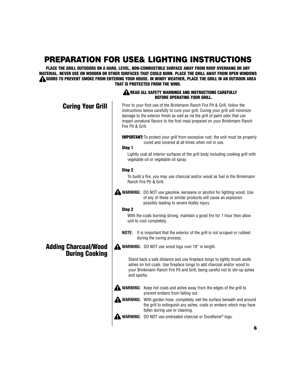 Preparation for use& lighting instructions, Adding charcoal/wood during cooking, Curing your grill | Brinkmann Ranch Fire Pit & Grill User Manual | Page 7 / 8