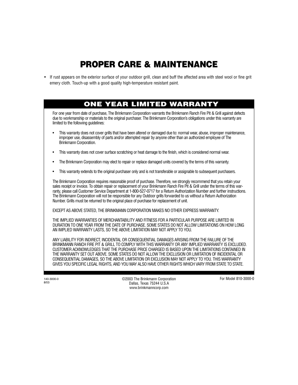 Proper care & maintenance, One year limited warranty | Brinkmann Ranch Fire Pit & Grill User Manual | Page 8 / 8