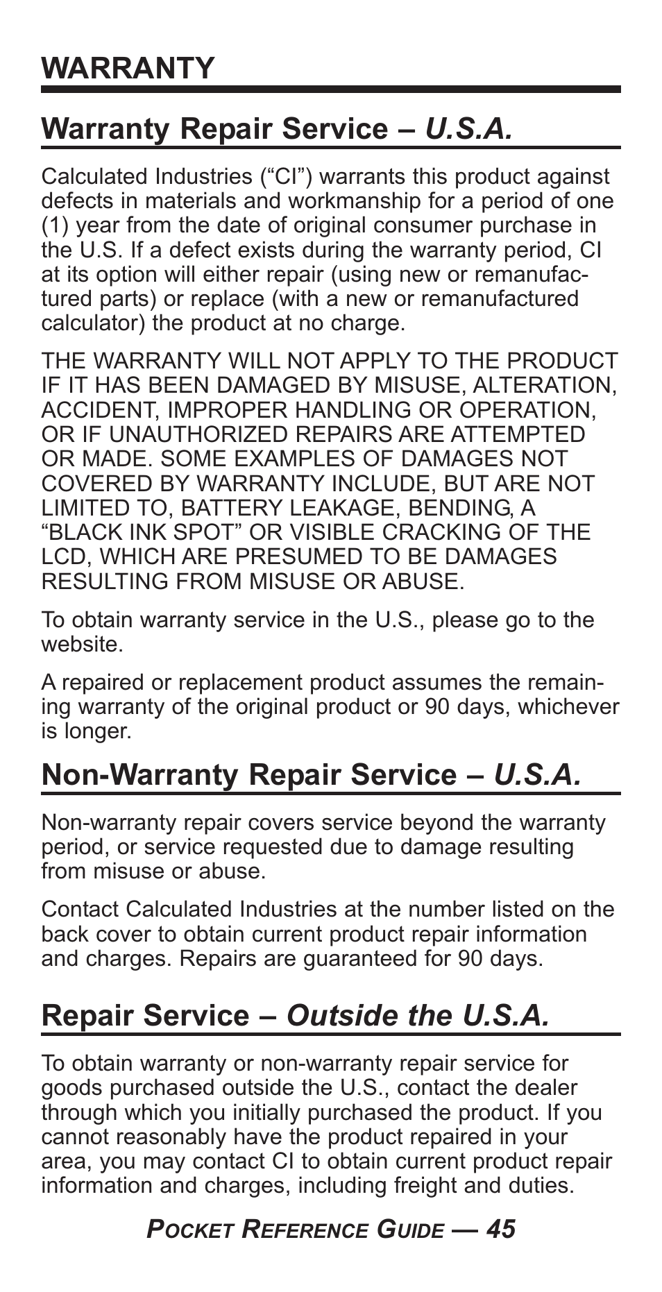 Warranty warranty repair service – u.s.a, Non-warranty repair service – u.s.a, Repair service – outside the u.s.a | Calculated Industries 4050-F User Manual | Page 49 / 52