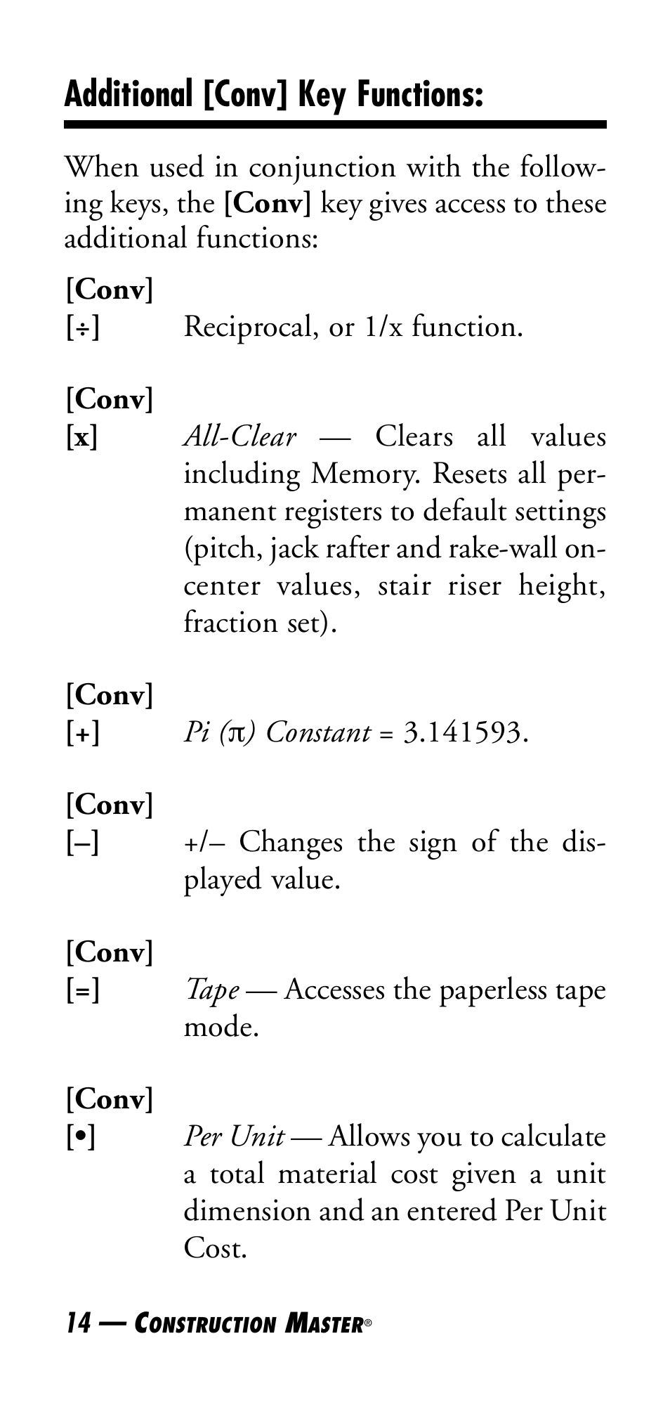 Additional [conv] key functions | Calculated Industries 4045 User Manual | Page 14 / 26