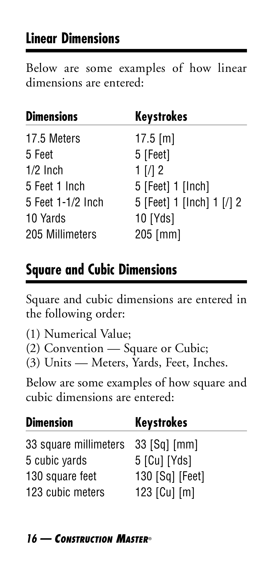 Linear dimensions, Square and cubic dimensions | Calculated Industries 4045 User Manual | Page 16 / 26