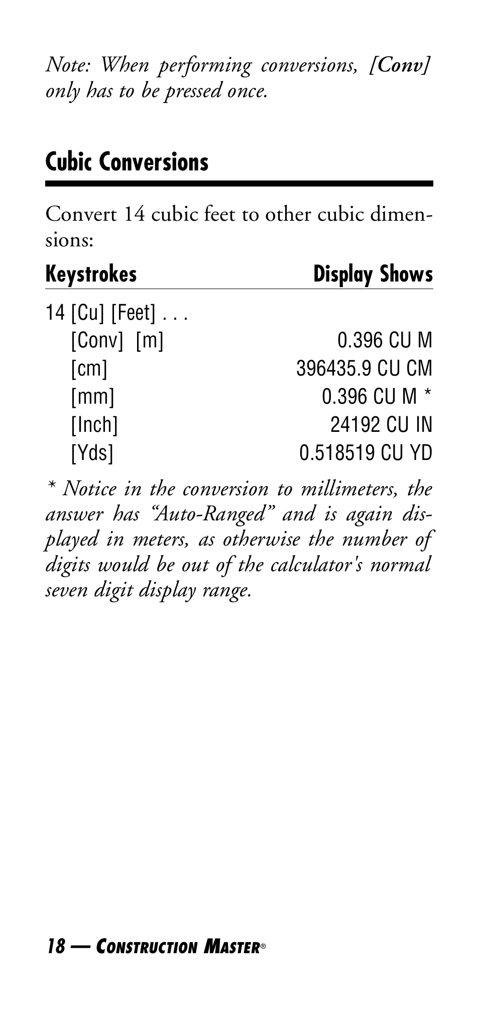 Cubic conversions | Calculated Industries 4045 User Manual | Page 18 / 26