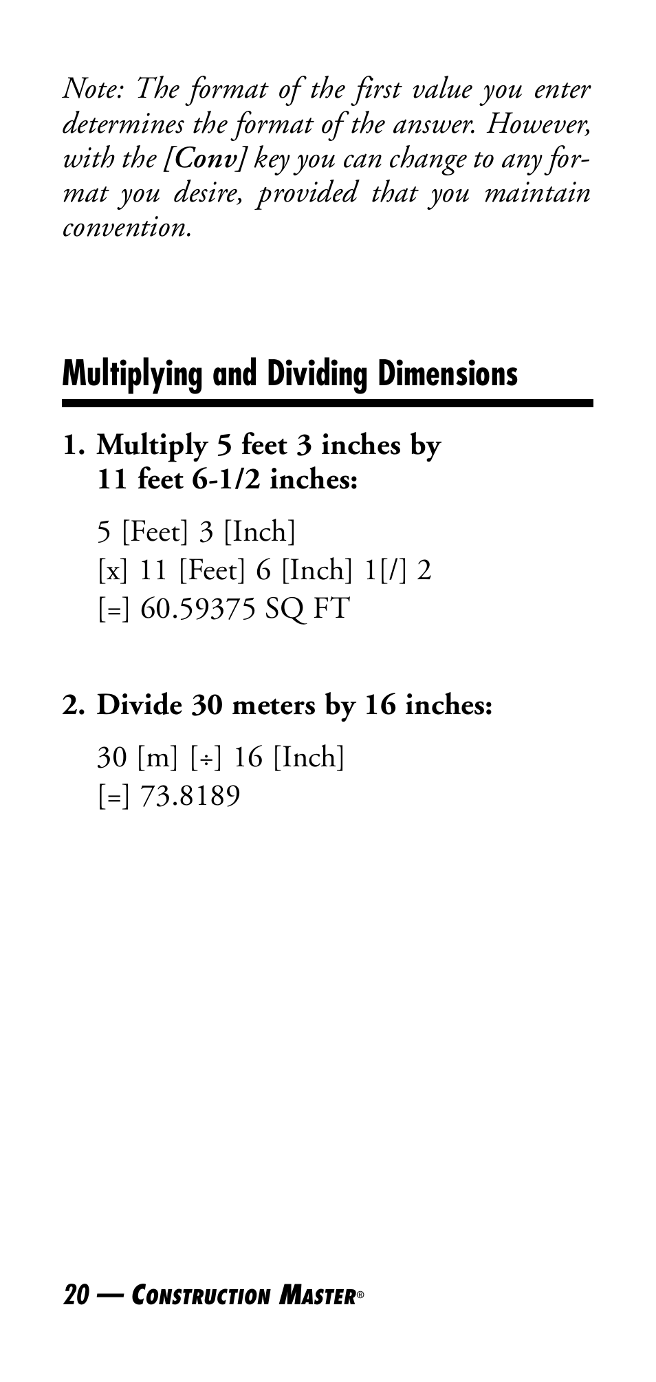Multiplying and dividing dimensions | Calculated Industries 4045 User Manual | Page 20 / 26